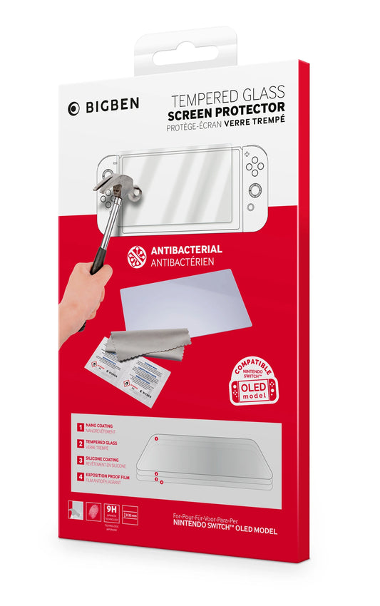 BIGBEN - Nintendo Switch - Tempered Glass Screen Protection / gehärtete Bildschirmschutzfolie - inkl. Reinigungstuch, Staubtuch - OLED