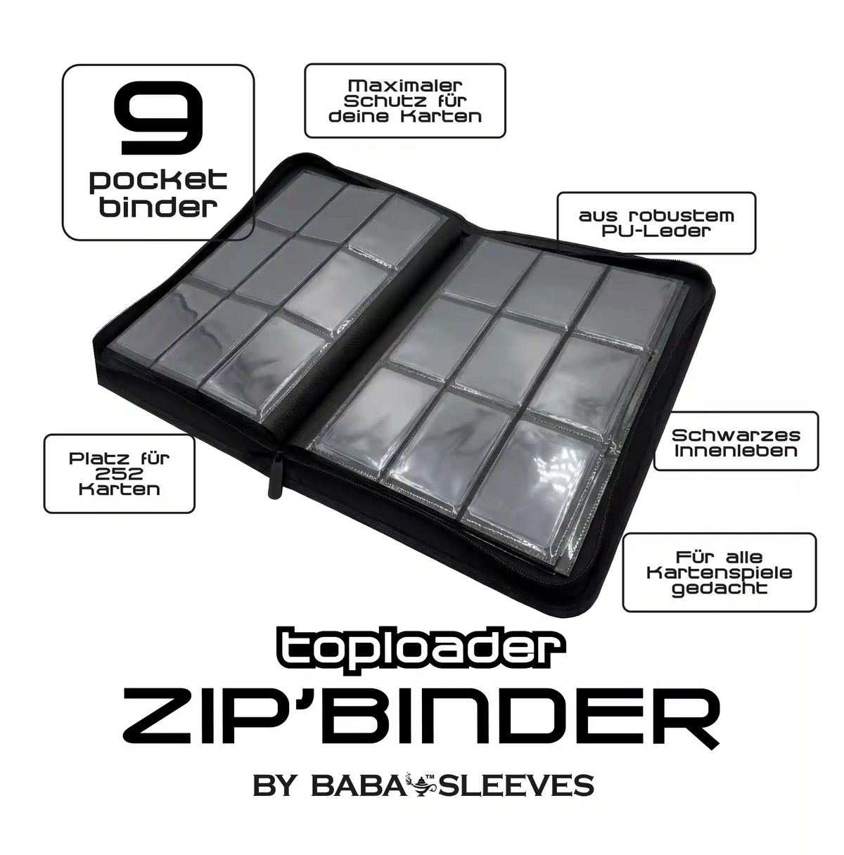Baba Sleeves - 9-Pocket Toploader Binder Groß Schwarz für 252 Karten