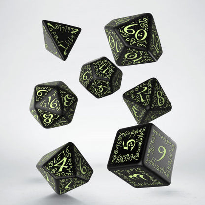 Q Workshop - Elvish: Black & glow-in-the-dark 7pc RPG Dice Set