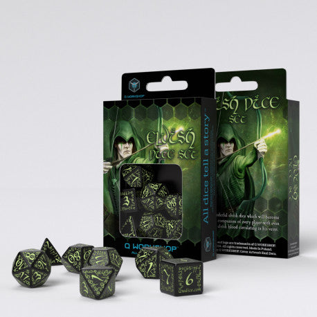 Q Workshop - Elvish: Black & glow-in-the-dark 7pc RPG Dice Set