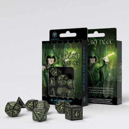 Q Workshop - Elvish: Black & glow-in-the-dark 7pc RPG Dice Set
