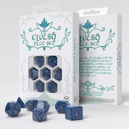 Q Workshop - Elvish: Cobalt & Silver 7pc RPG Dice Set