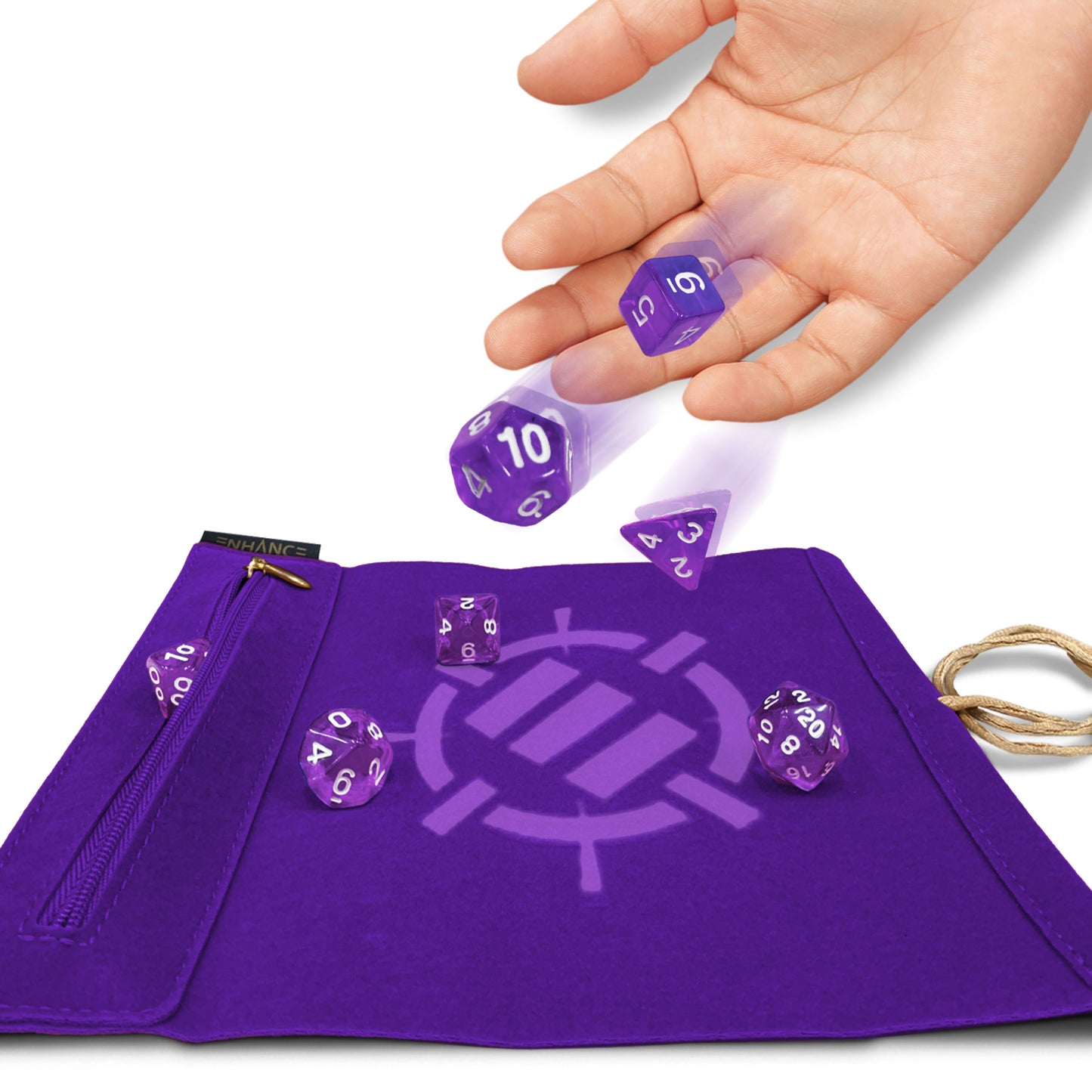 ENHANCE - Roll on a Scroll Dice Case and 7pc Acrylic Dice Set: Purple