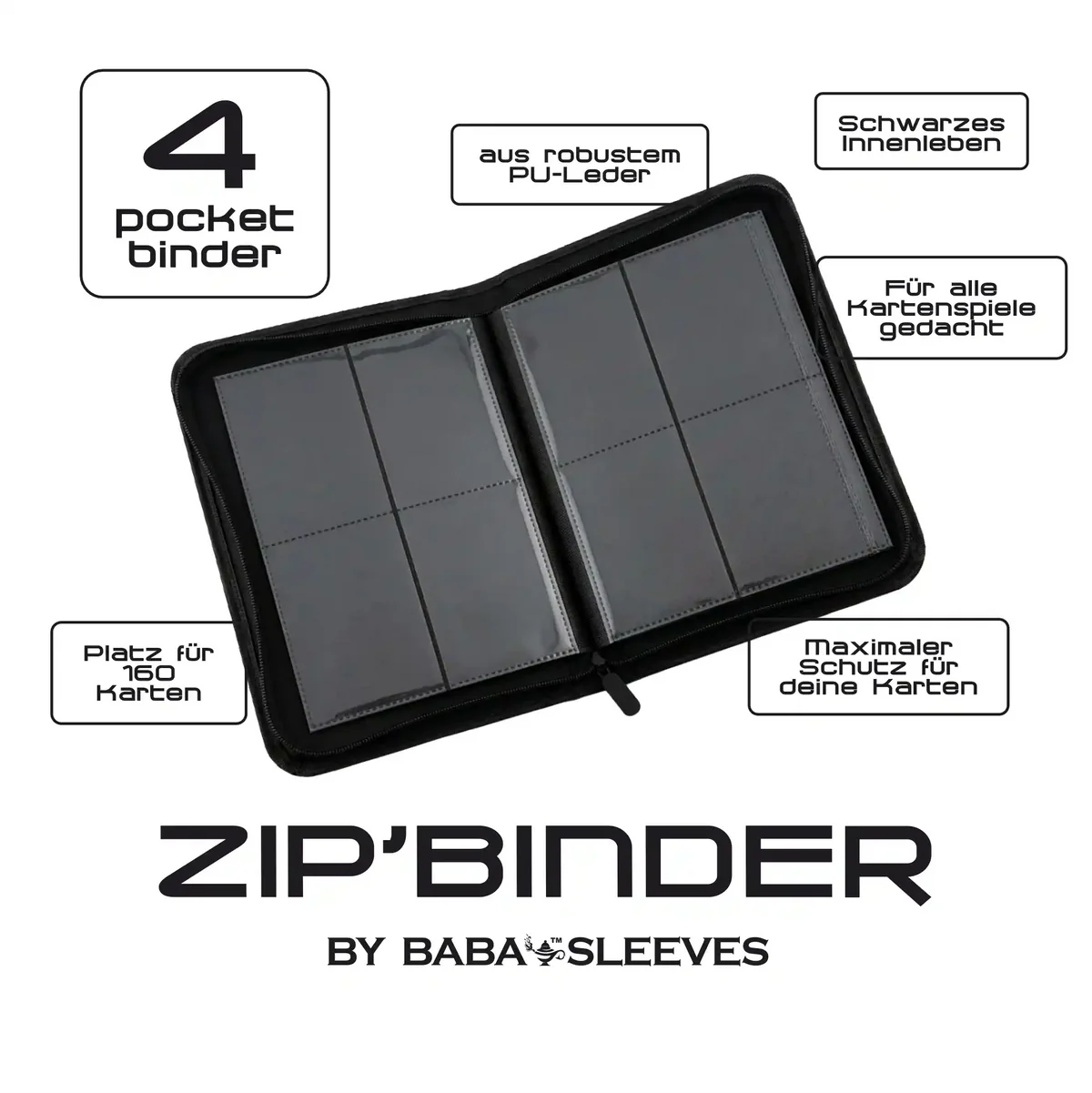 Baba Sleeves - 4-Pocket Zip-Binder Klein Schwarz für 160 Karten