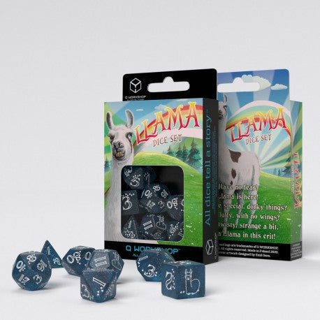 Q Workshop - Llama: Glittering dark blue & white 7pc RPG Dice Set