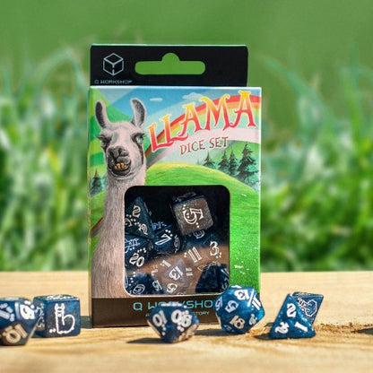 Q Workshop - Llama: Glittering dark blue & white 7pc RPG Dice Set