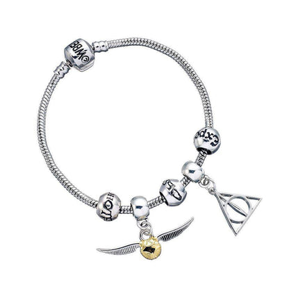 Harry Potter Armband Anhänger Set Heiligtümer/Schnatz/3 Spruchperlen (versilbert)