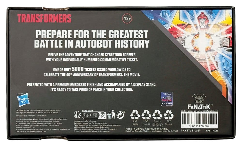 Transformers Replik The Movie 40th Anniversary Movie Ticket Limited Edition 9 x 16 cm