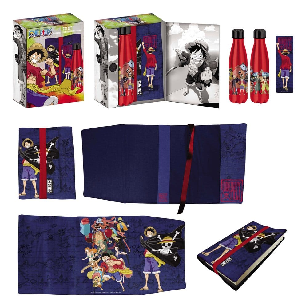 One Piece Stahlflasche, Sticker, Buchumschlag Geschenkset Blau