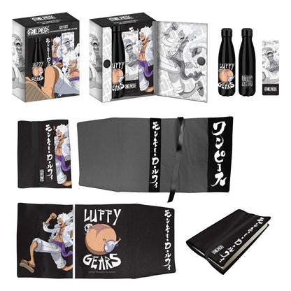 One Piece Stahlflasche, Sticker, Buchumschlag Geschenkset Luffy Gears