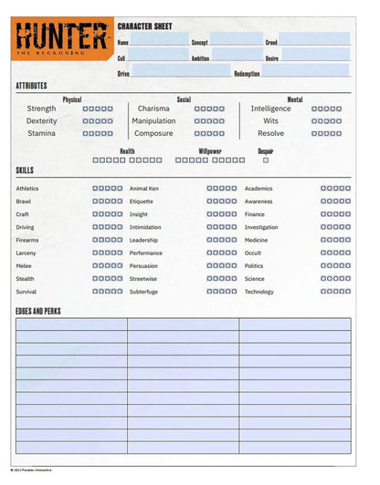 Hunter: The Reckoning 5th Edition RPG Journal Expanded Character Sheet Journal *Englische Version*