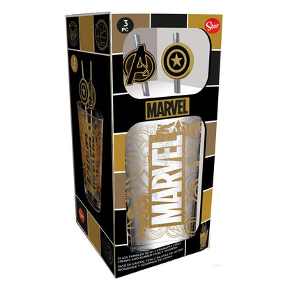 Marvel Glas Tumbler mit Trinkhalmen Logo & Avengers 485 ml