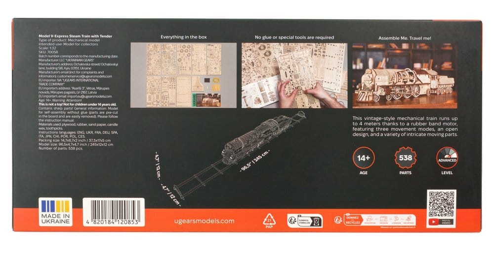 Ugears 3D-Holzpuzzle V-Express Dampflokomotive mit Schlepptender