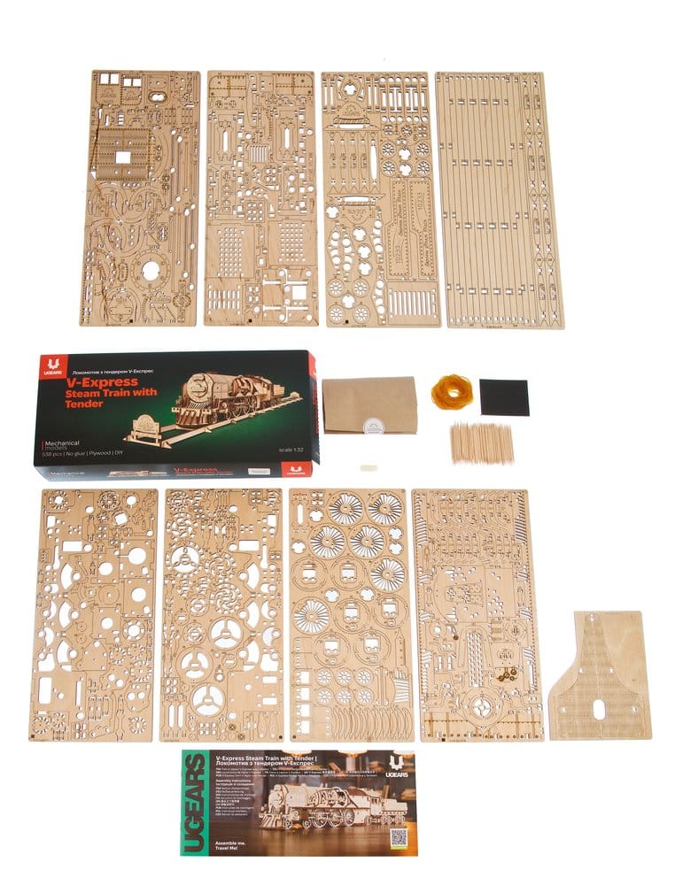 Ugears 3D-Holzpuzzle V-Express Dampflokomotive mit Schlepptender