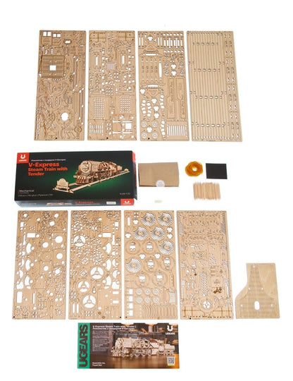 Ugears 3D-Holzpuzzle V-Express Dampflokomotive mit Schlepptender