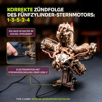 Ugears 3D Modellbausatz aus Holz R-5 Flugzeugmotor 25 cm